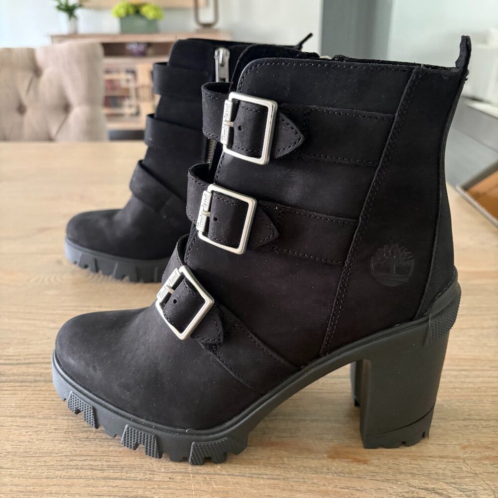 Timberland Women Lana Point Black Leather Buckle Moto Ankle Heel Boots sz 9